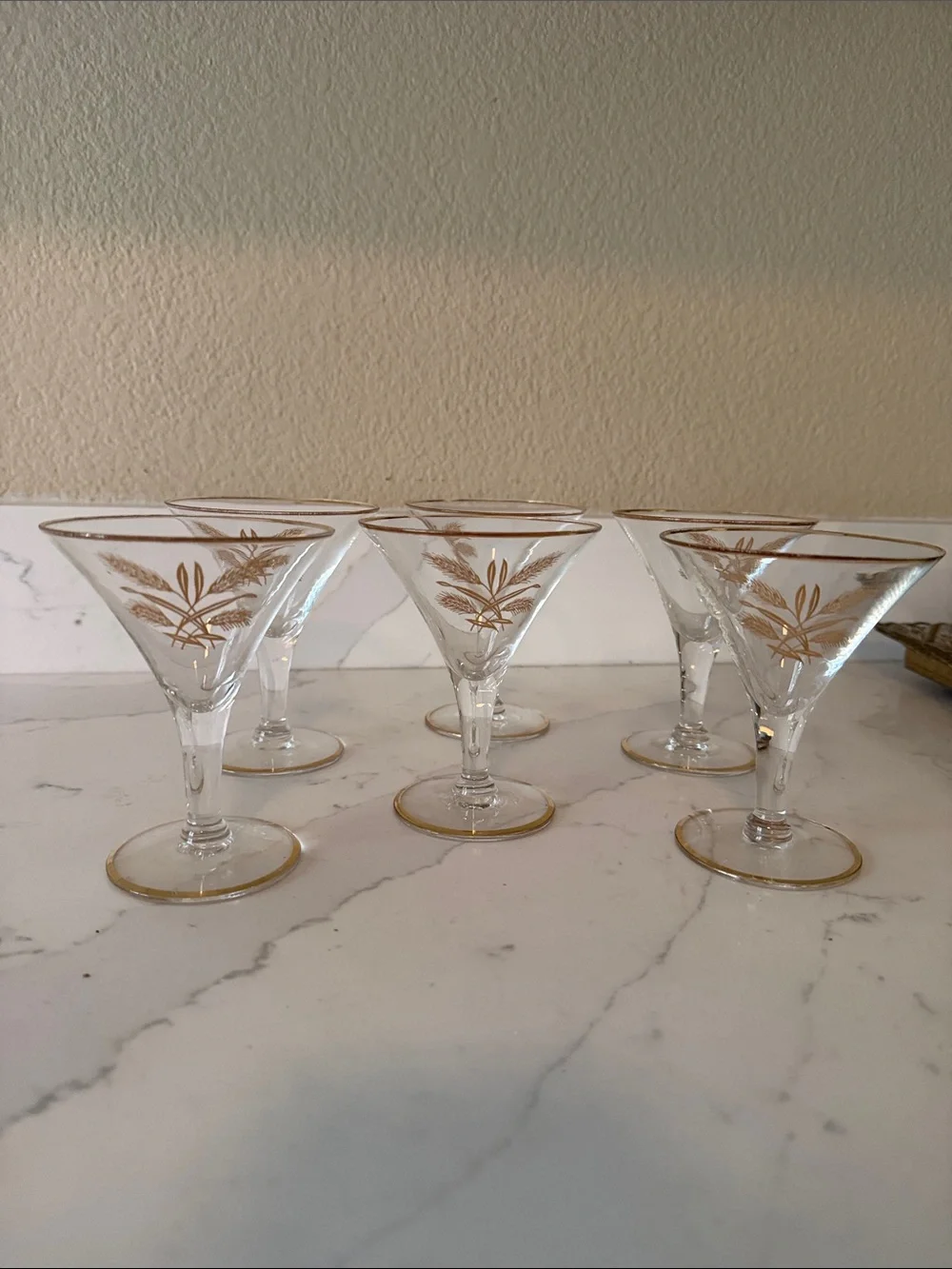 Mid Century Gold-Trimmed Wheat Cocktail Glasses Set of 6